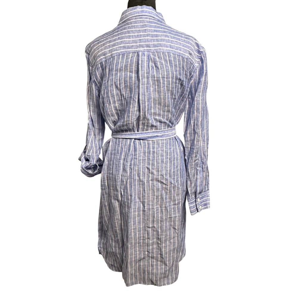 Ann Taylor Linen Striped Shirt Dress Medium Blue White Belted Coastal Preppy - Picture 3 of 11